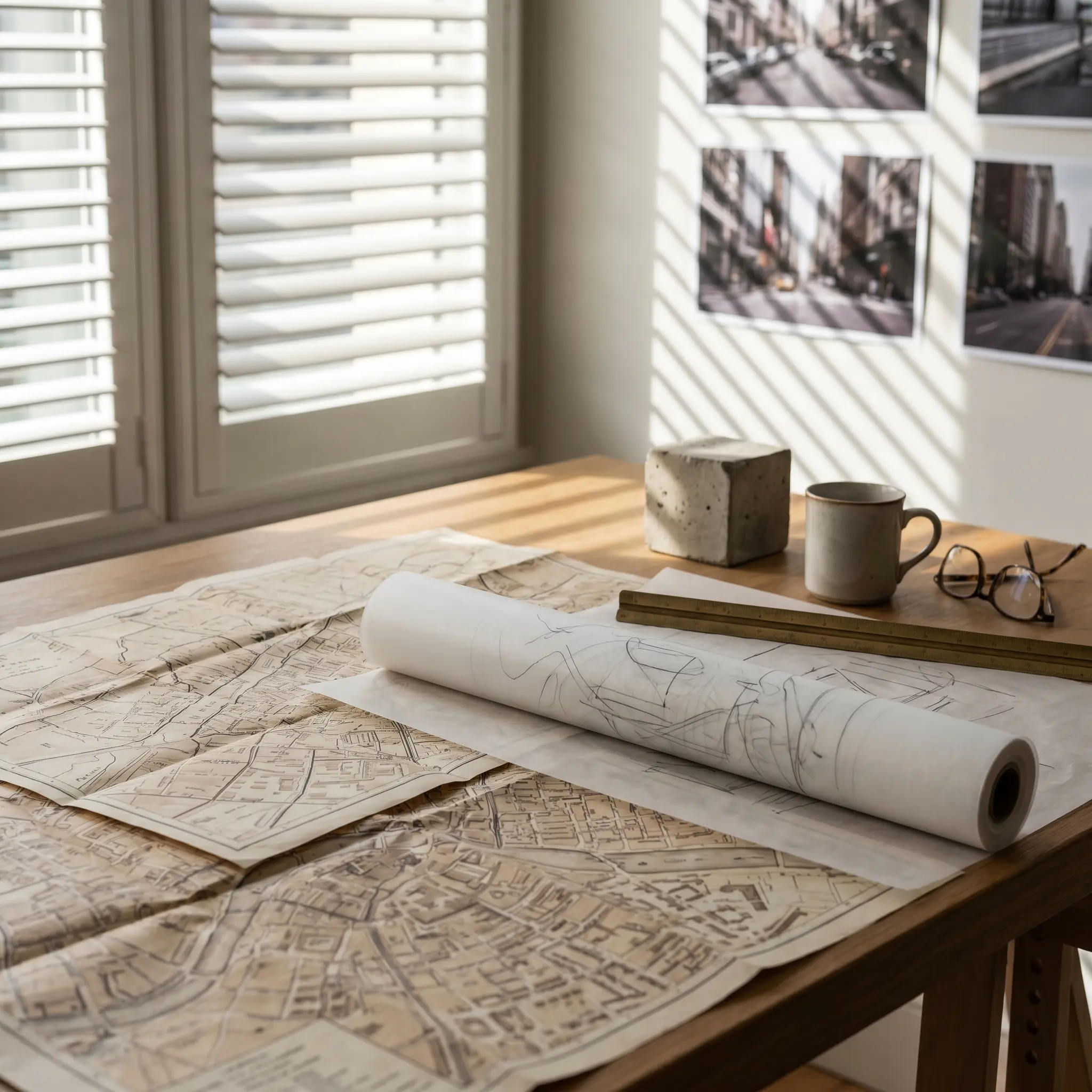 Folded city route prints, tracing paper, and material samples on an editorial desk