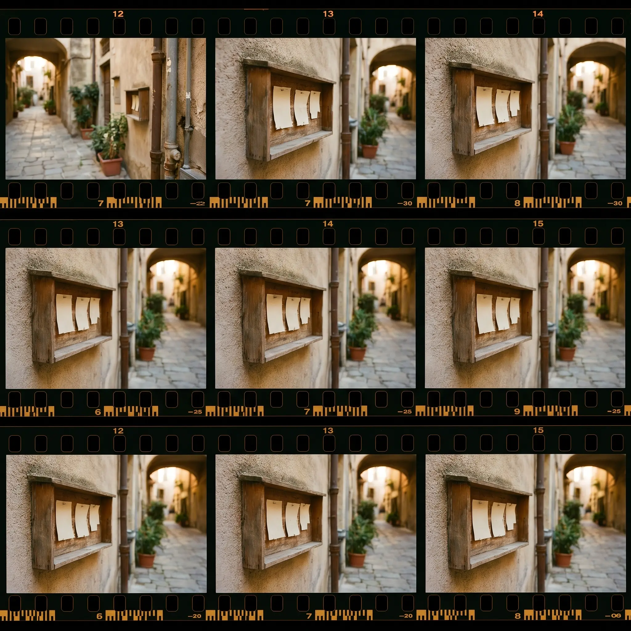 A narrow public passage with blank notice slips and afternoon light