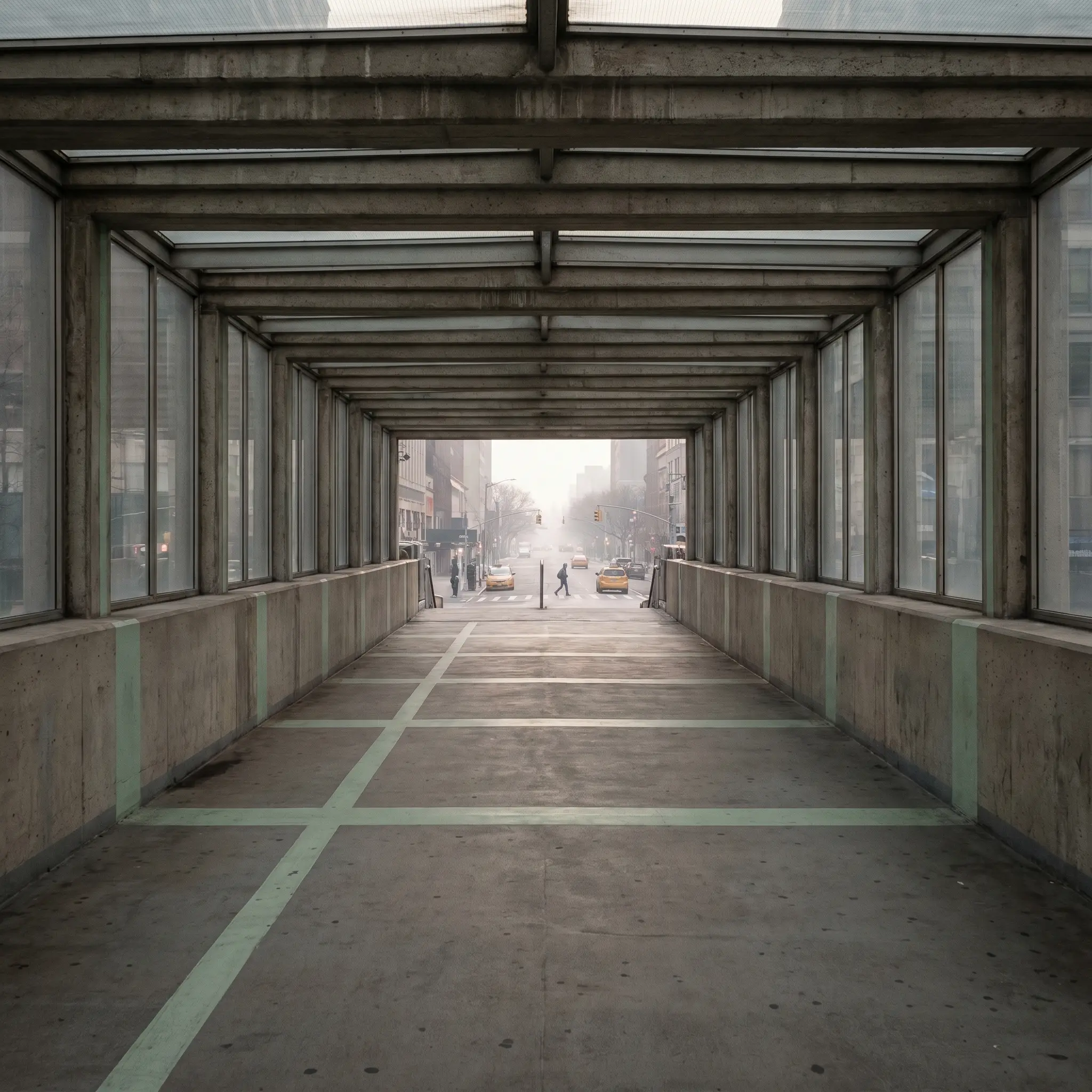 A sheltered pedestrian passage with textured concrete and quiet city light