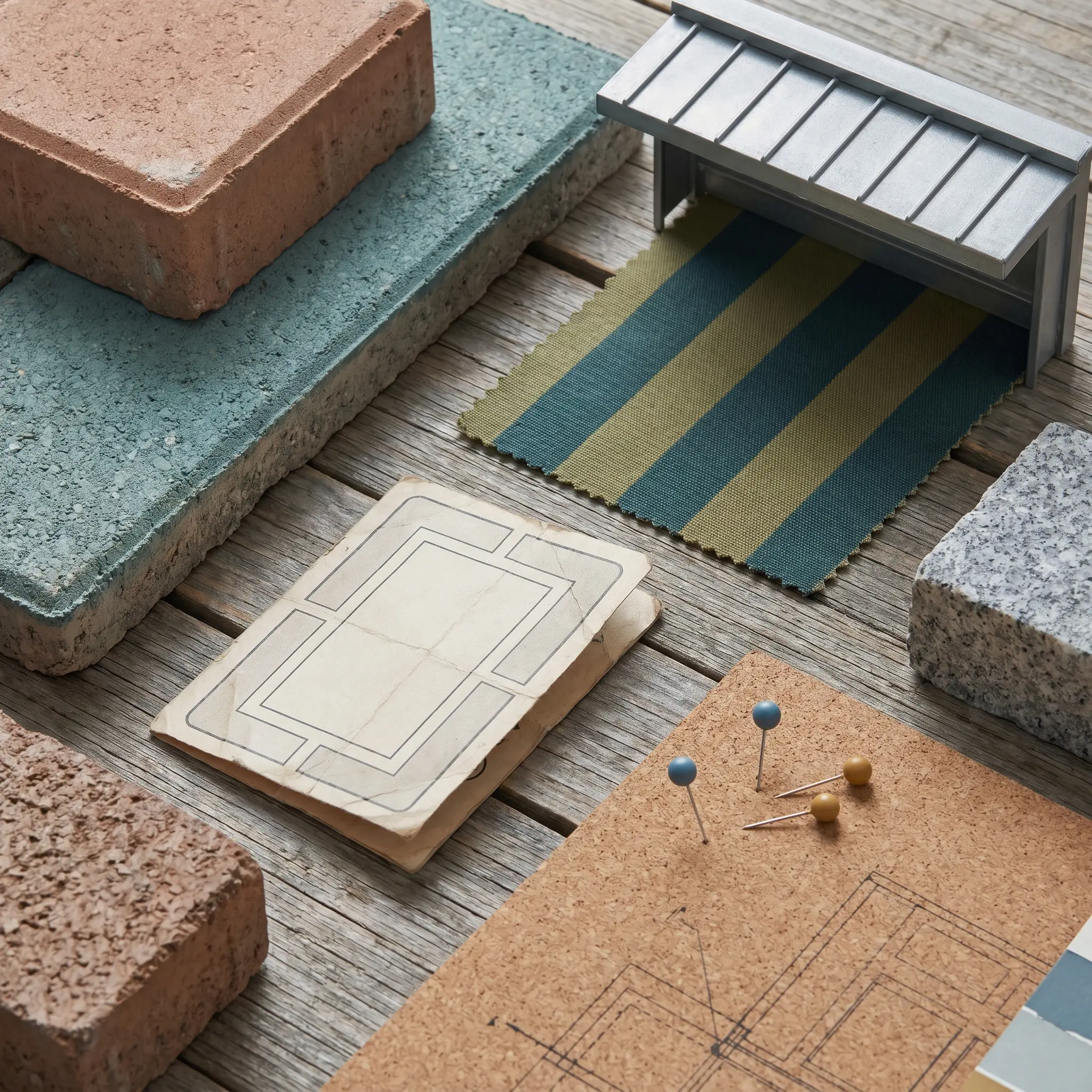 Pavement samples, awning fabric, and route pins arranged as a walking-route study